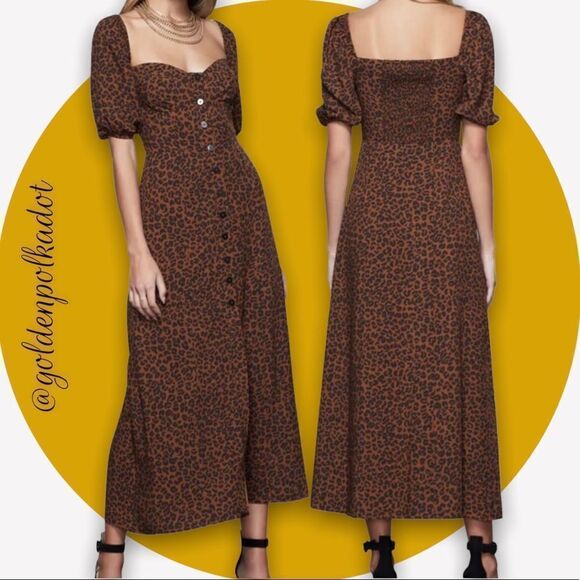 Nwt Good American Corset Leopard Print Puff Sleeve Maxi Dress NWT Mocha Mousse - Picture 2 of 14